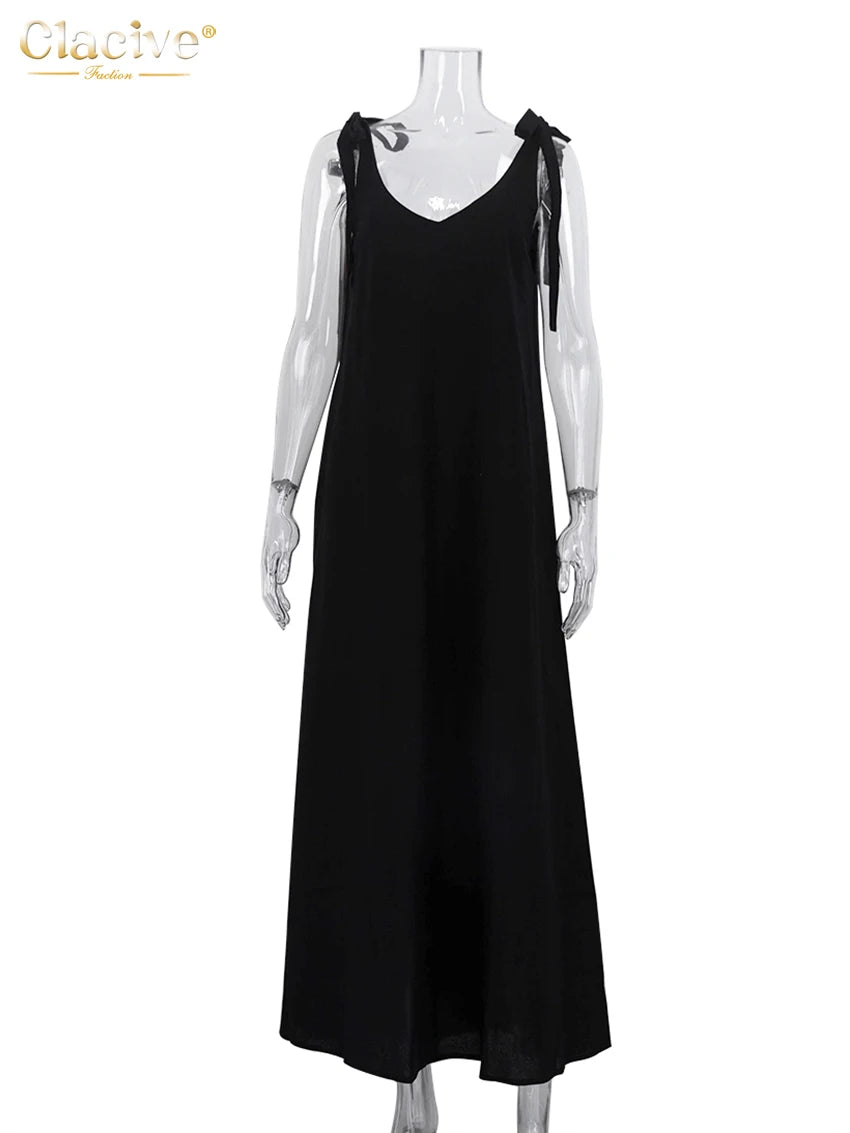 Clacive V-Neck Sleeveless Black Linen Maxi Dress