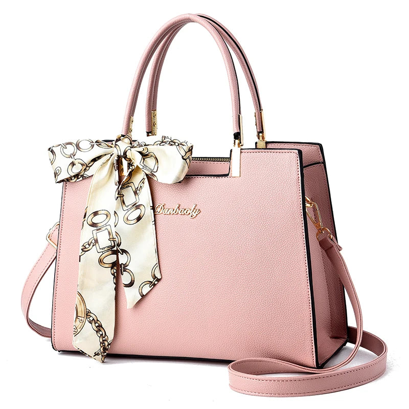 Women's Small Square Shoulder Bag with Silk Scarf Pendant
