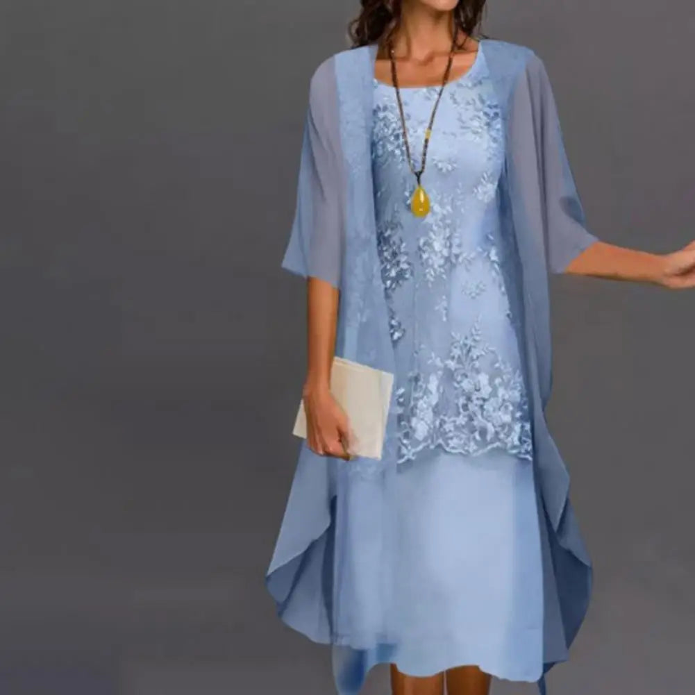 2pcs/Set Spring Summer Dress Women Formal Loose Cardigan Floral Print Large Hem Elegant Chiffon Dress Set Party
