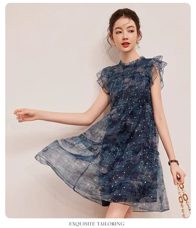 LOUIS YAO Women's Sparkling Mushroom Edge Dress with Flying Sleeves