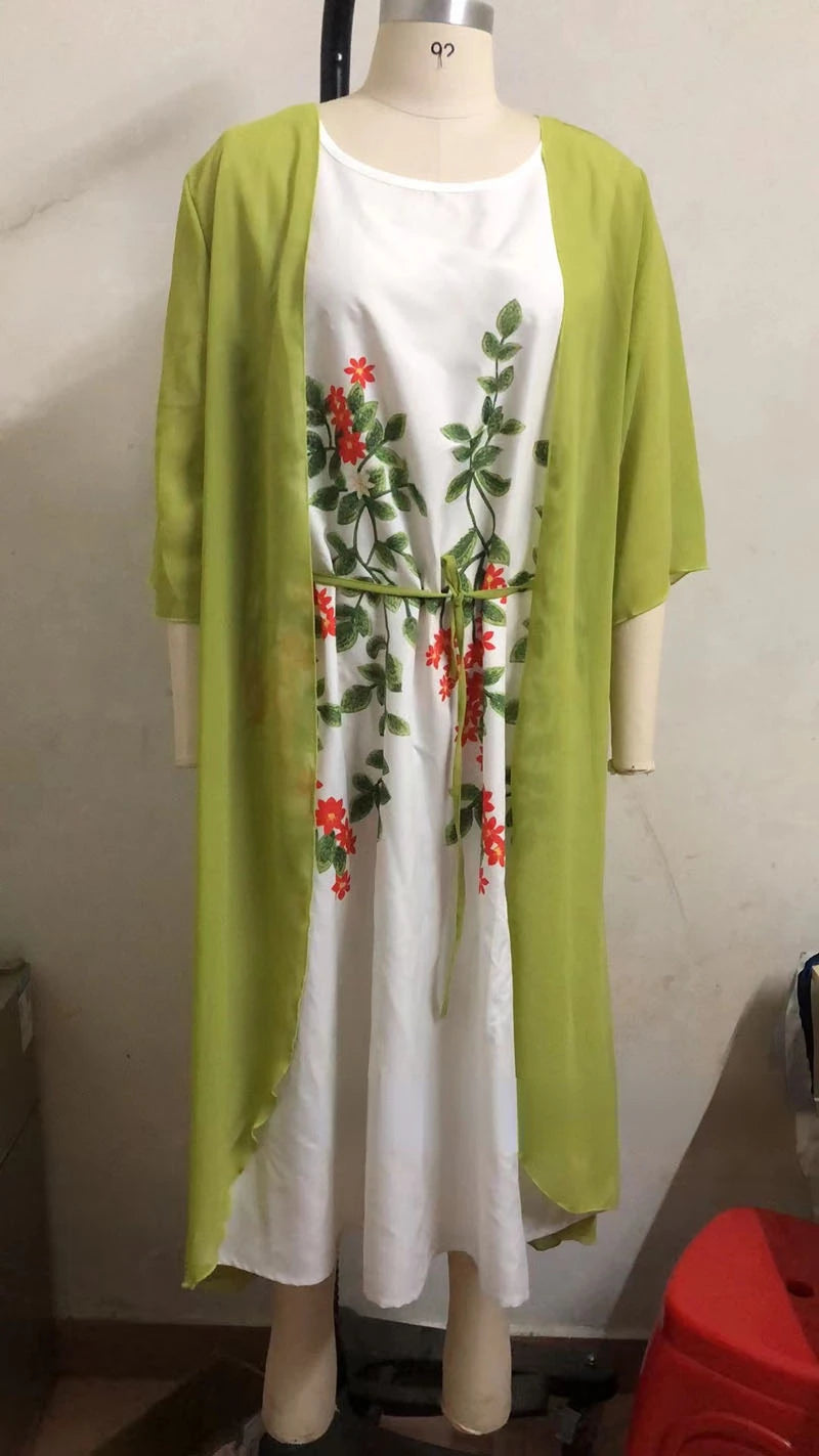 2pcs/Set Spring Summer Dress Women Formal Loose Cardigan Floral Print Large Hem Elegant Chiffon Dress Set Party