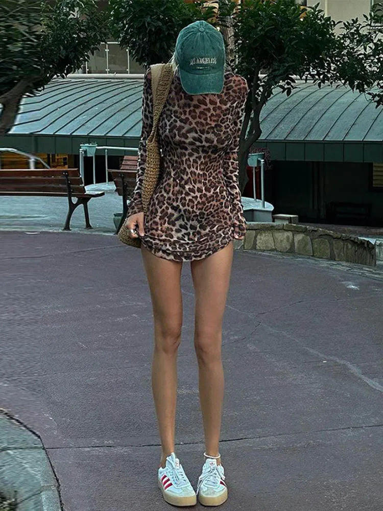 Leopard Print Two-Piece Set A-Line Dress for Women Sexy Mesh See-through High Street Fashion Animal Print Hot Summer Outfit