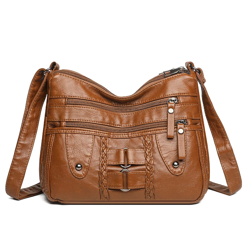 Retro Multi-Pocket Synthetic Leather Crossbody Bag with Adjustable Strap