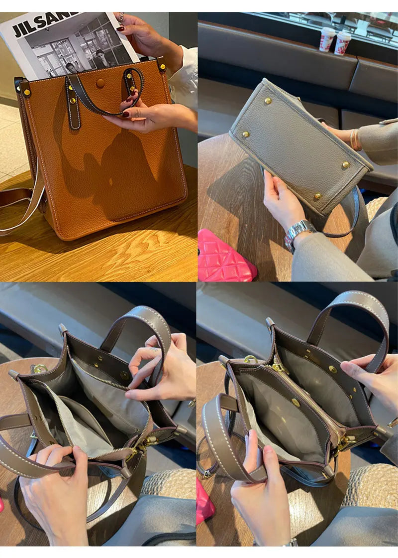 Large Capacity Genuine Cowhide Leather Rectangle Shoulder Bag