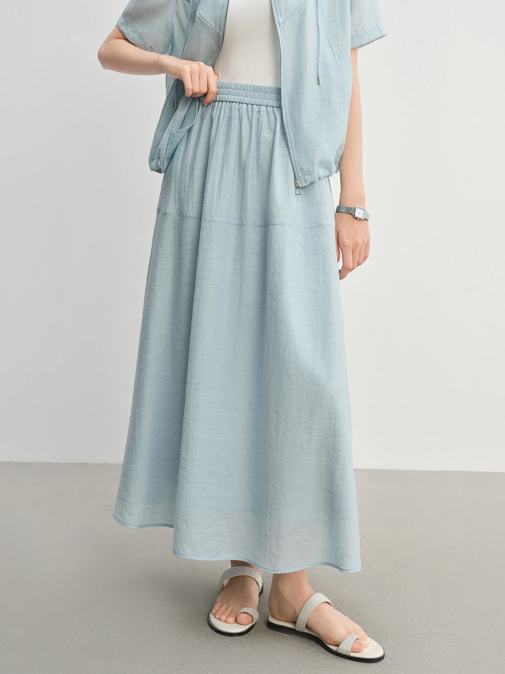 DUSHU Textured Set: Tie Collar Zip Top and Flowy Skirt
