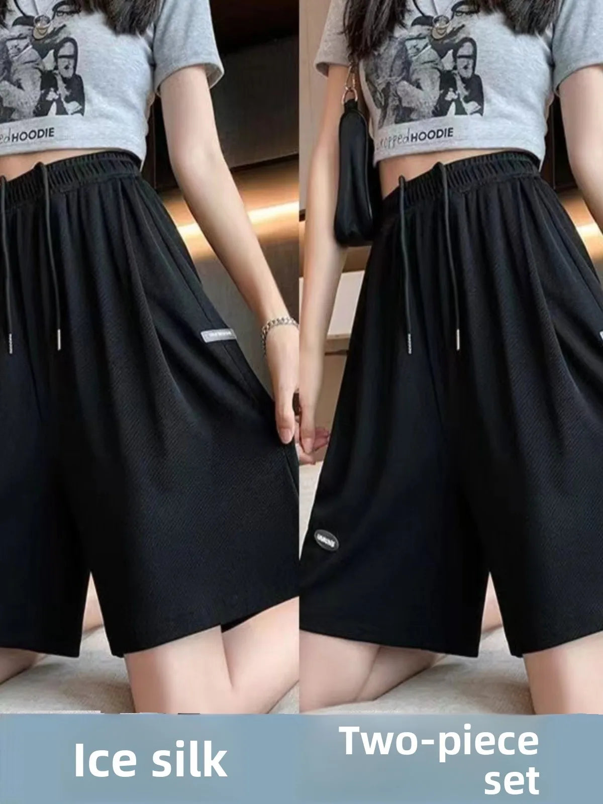 High Waist Ice Silk Sports orts Women's 2024 New Summer Loose Casual Wide Leg Pants Five-Quarter Length Korean Sle