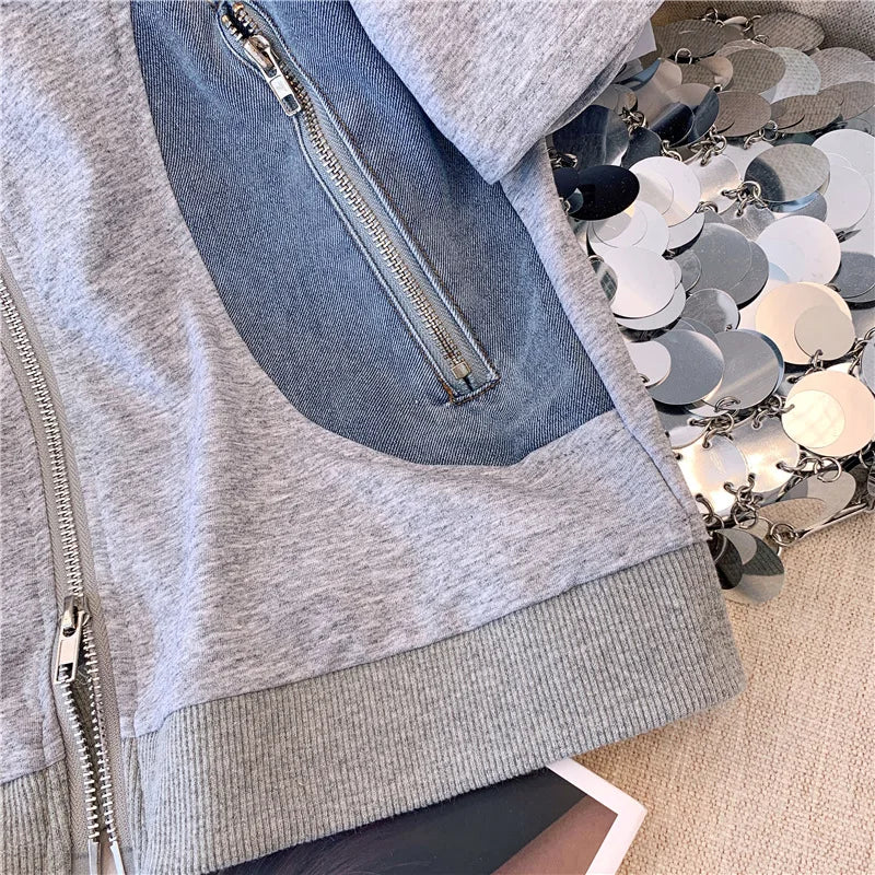 Women's Two-Piece Set: Stitched Zipper T-Shirt and Jeans