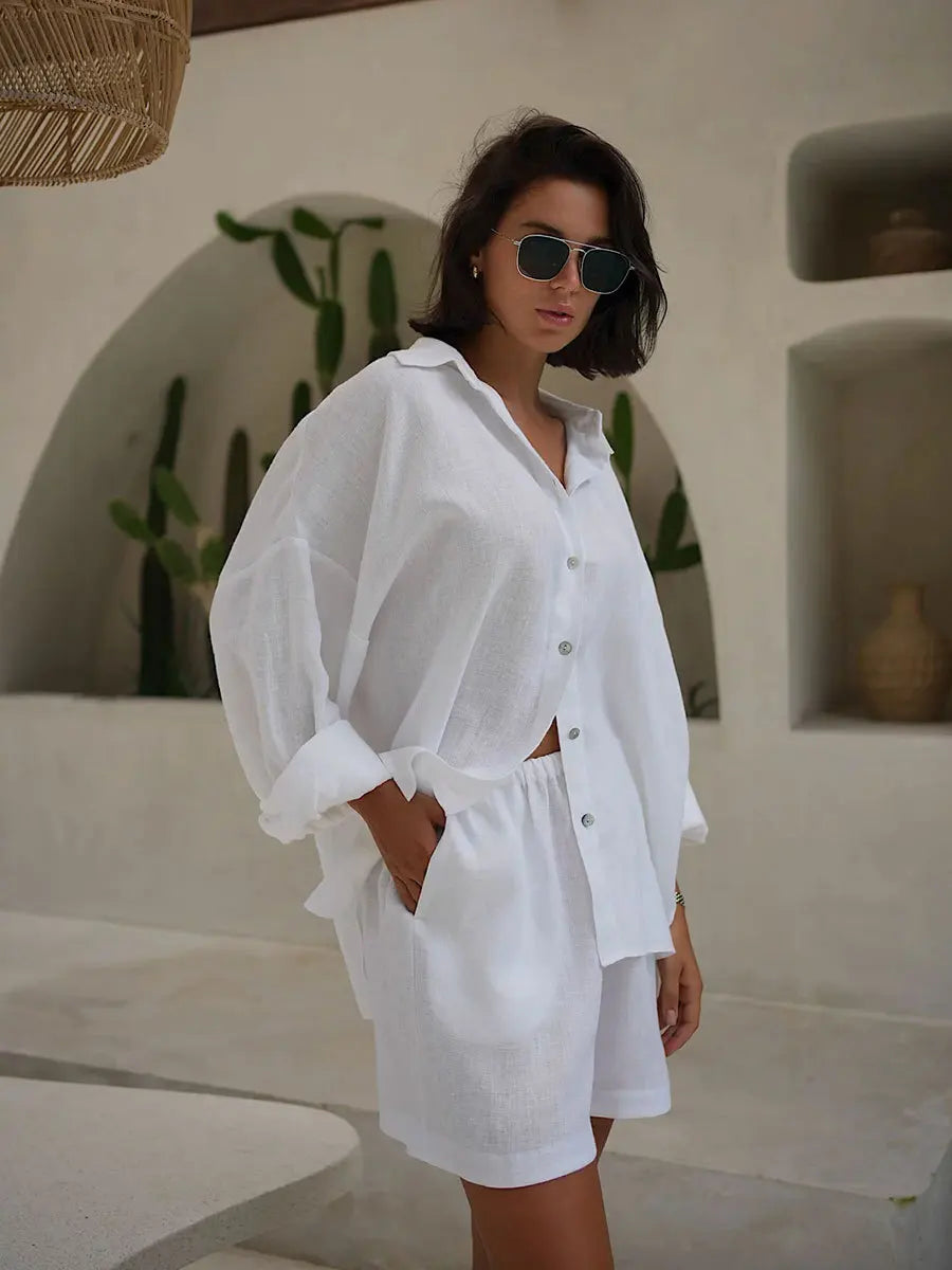 Bornladies 100% Cotton Lantern Sleeve Shirt and Shorts 2-Piece Set
