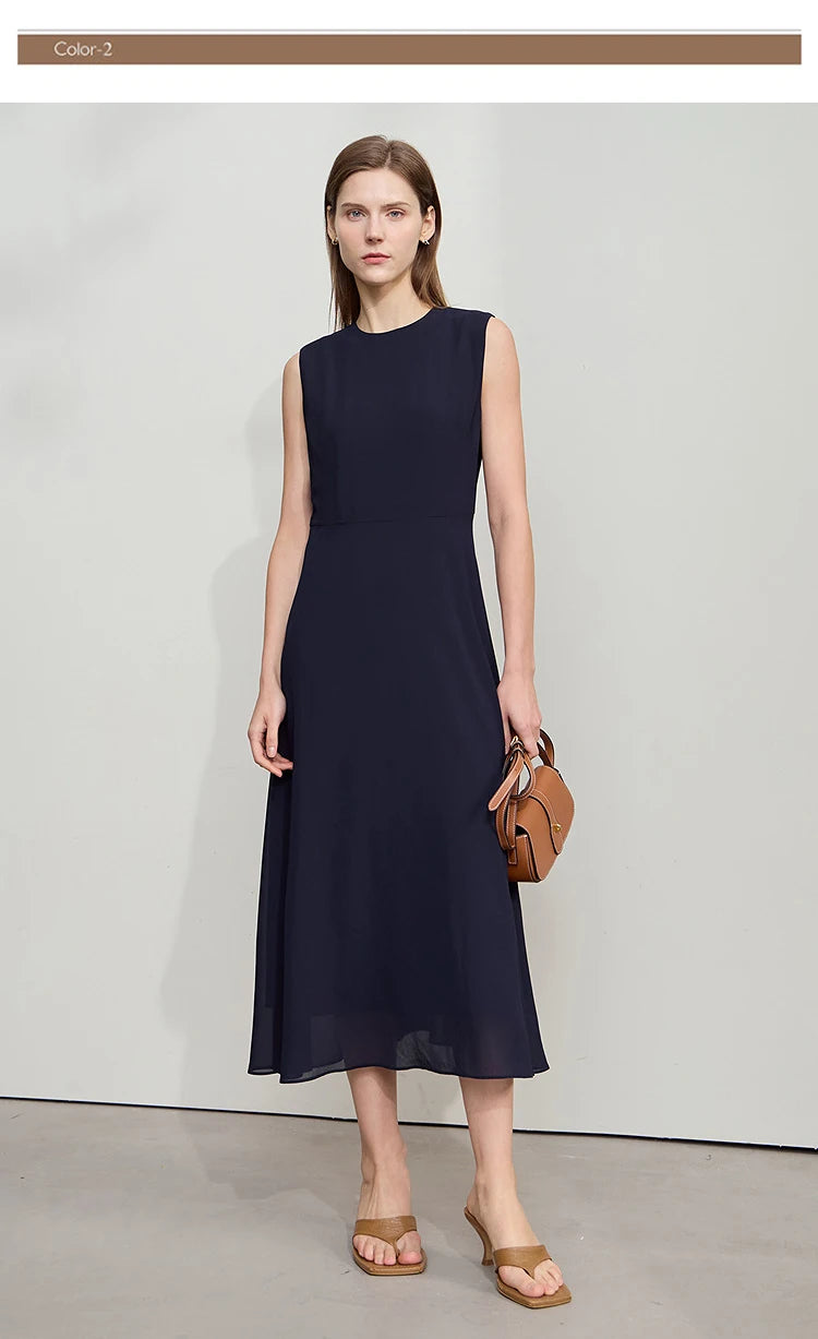 Amii Minimalist Sleeveless O-Neck Slim Midi Dress
