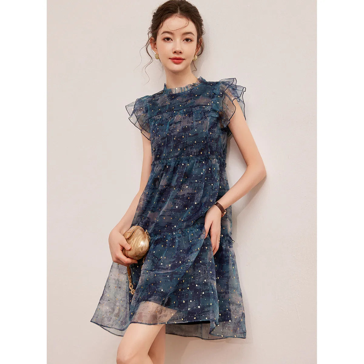LOUIS YAO Women's Sparkling Mushroom Edge Dress with Flying Sleeves