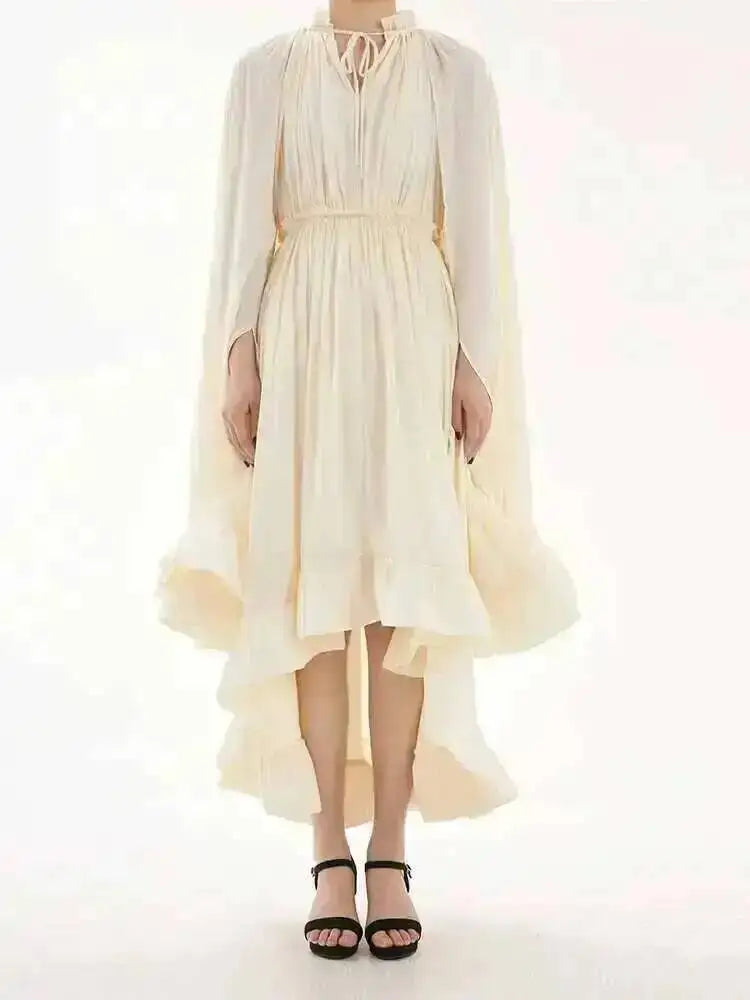 LGRQ Women's Irregular Ruffle Dress with Cloak Sleeves and Lace Splicing