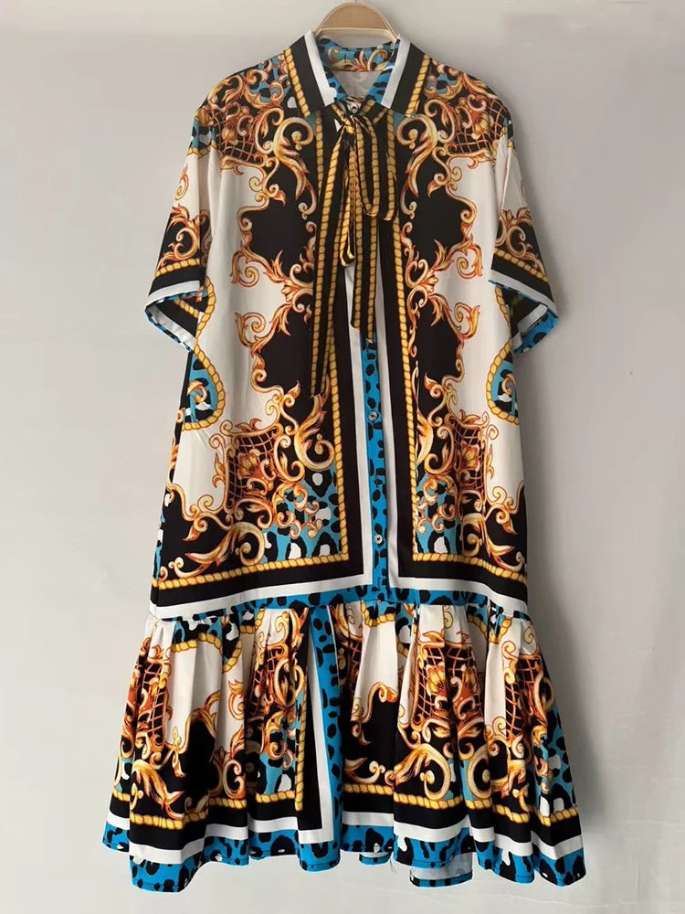 2026 Summer Women's New Fashion Geometric Print Lapel Short Sleeve Loose Dress Stitching Pleated Hem Temperament Straight Skirt.
