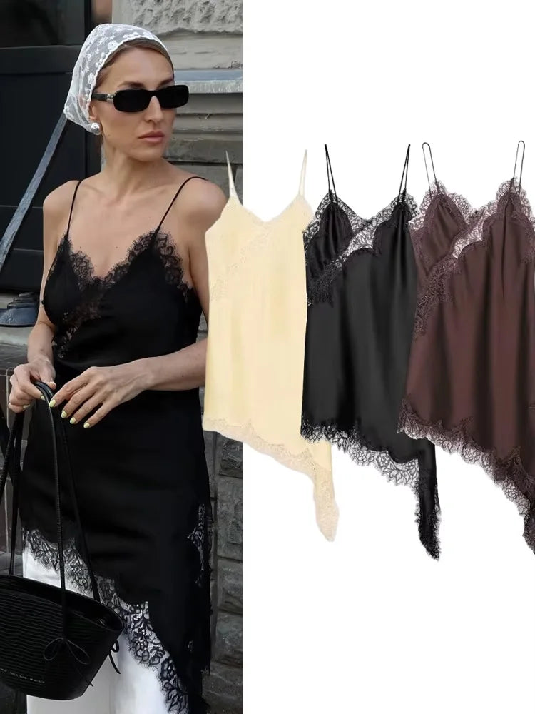 HH Women Asymmetry Lace Decorate Slim Sling Dress 2025 Summer Woman Sexy Sleeveless Backless Halter Neck Collar Party Dress