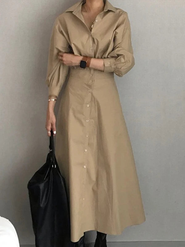 Modigirl Women Summer Long Dresses 2025 Spring Fall Clothes Blue Puff Sleeves Botton Simple Casual Maxi Shirts Dresses for Women
