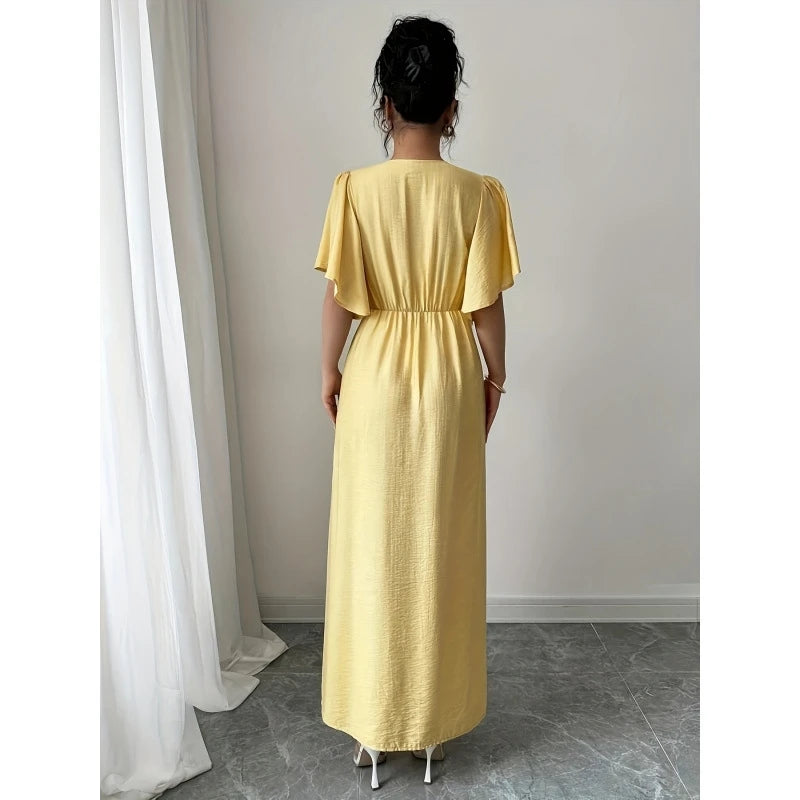Women's Short Sleeve V-Neck Single Breasted Split Midi Dress