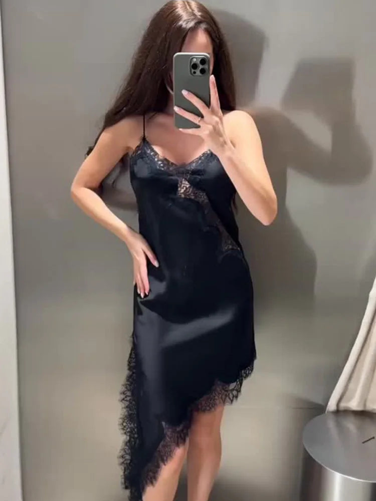 HH Women Asymmetry Lace Decorate Slim Sling Dress 2025 Summer Woman Sexy Sleeveless Backless Halter Neck Collar Party Dress