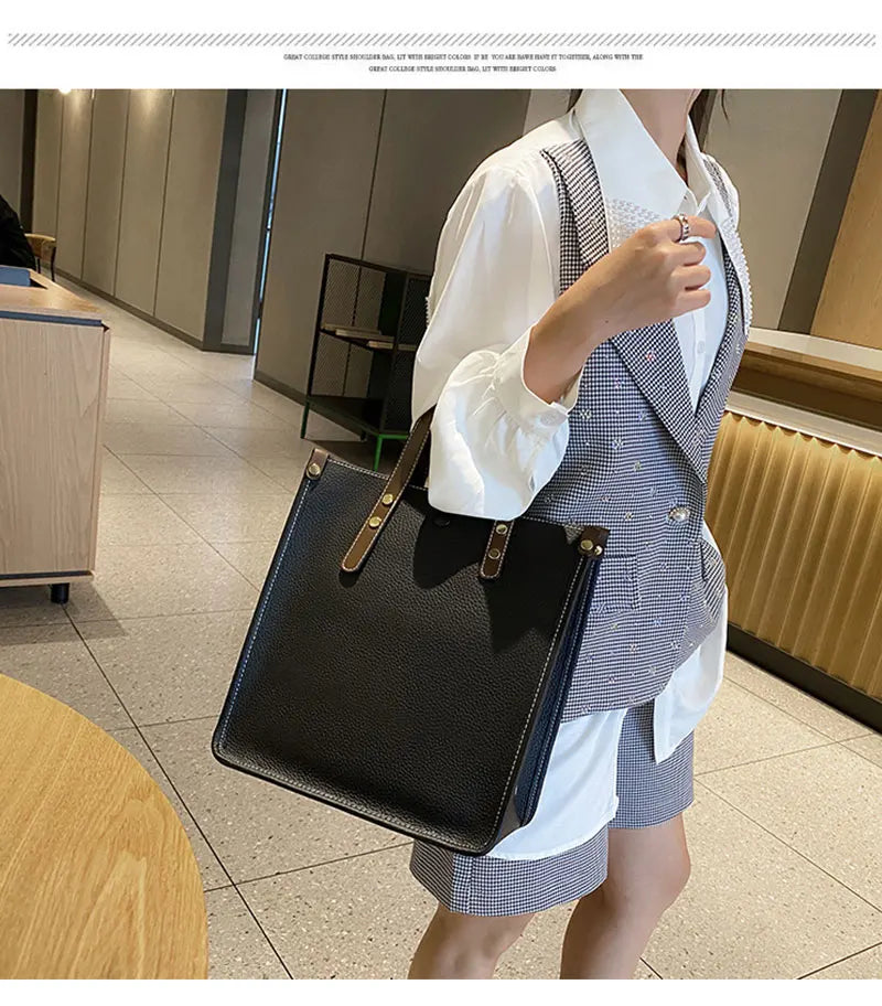 Large Capacity Genuine Cowhide Leather Rectangle Shoulder Bag