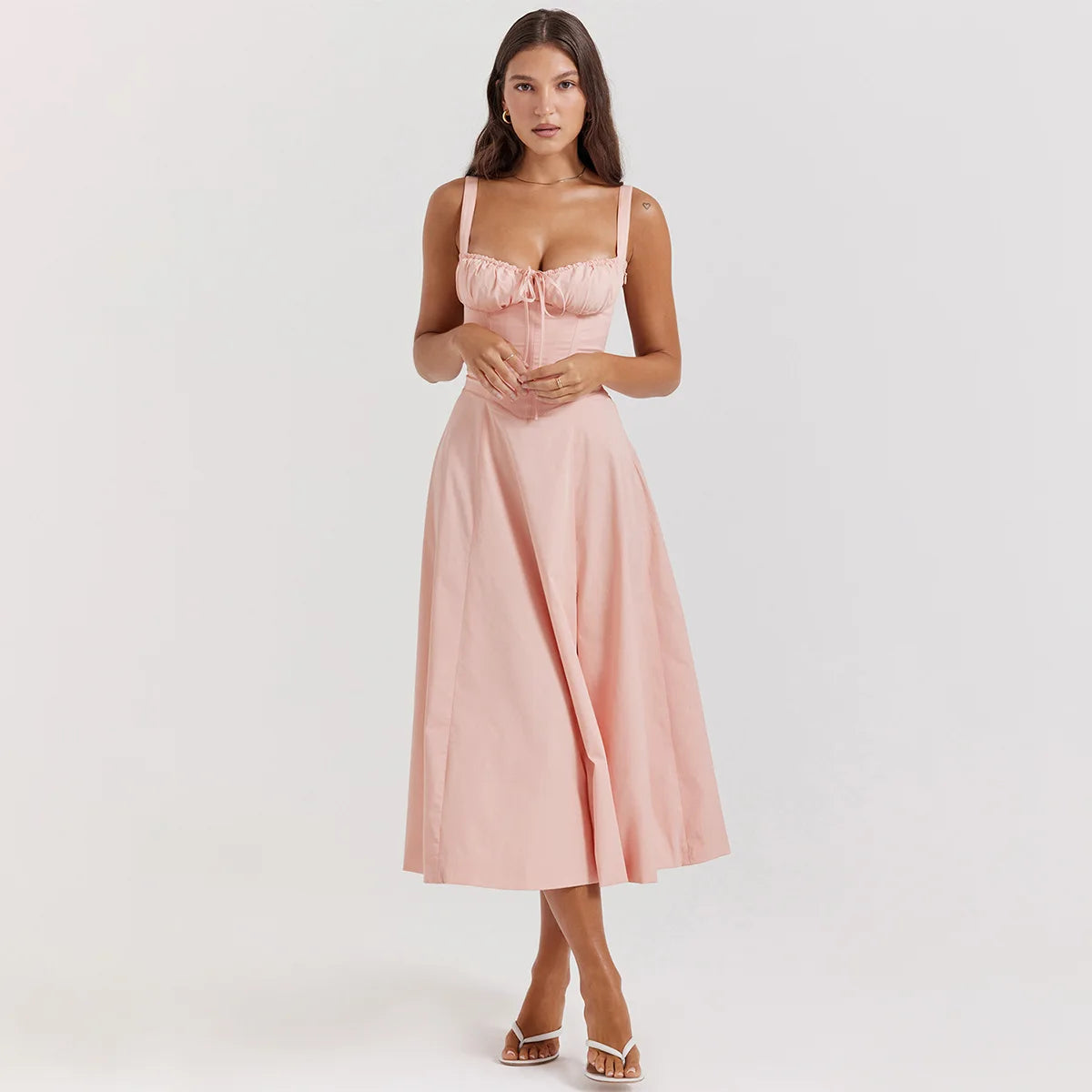 Mingmingxi Floral Midi Dress – Women's Lace-Up Spaghetti Strap