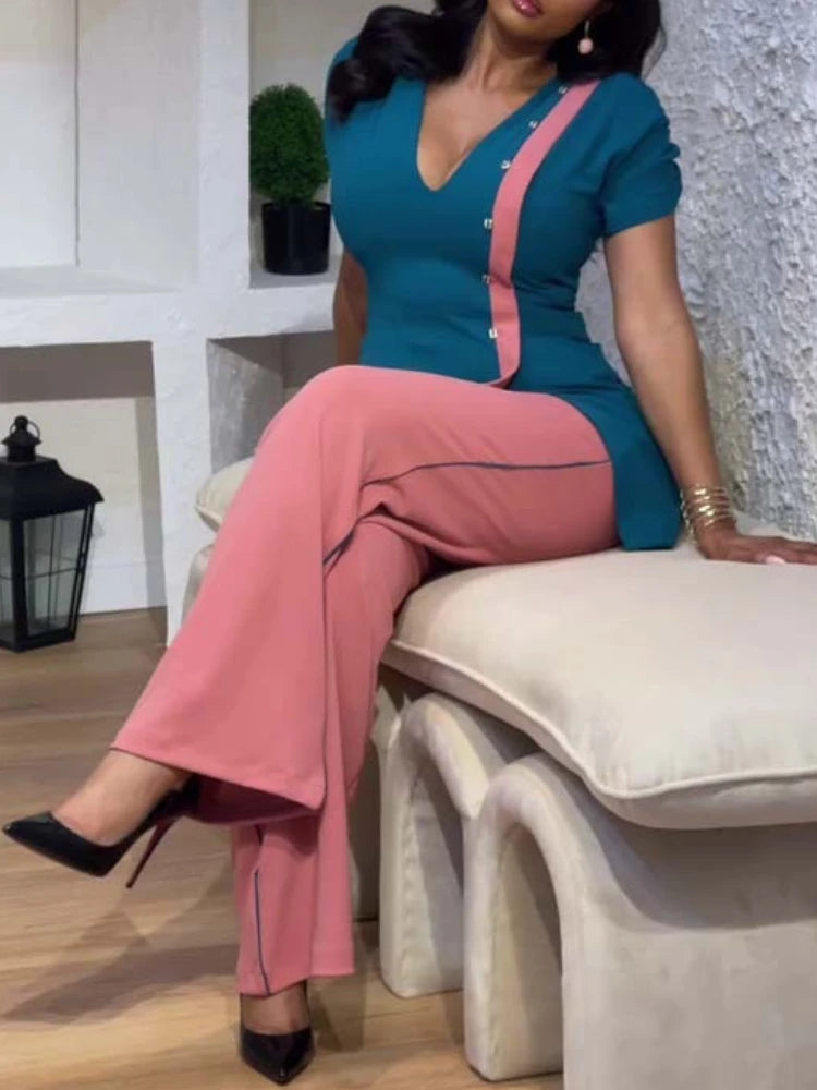 Women's African Style V-Neck Top and Patchwork Wide Leg Pants Set
