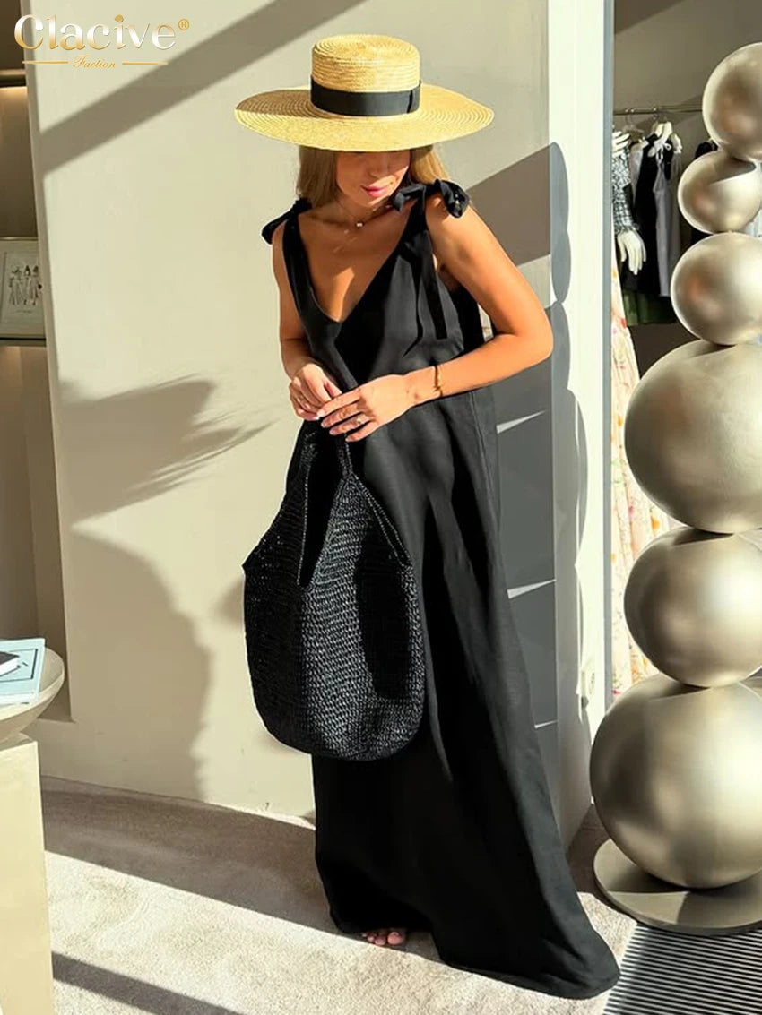 Clacive V-Neck Sleeveless Black Linen Maxi Dress