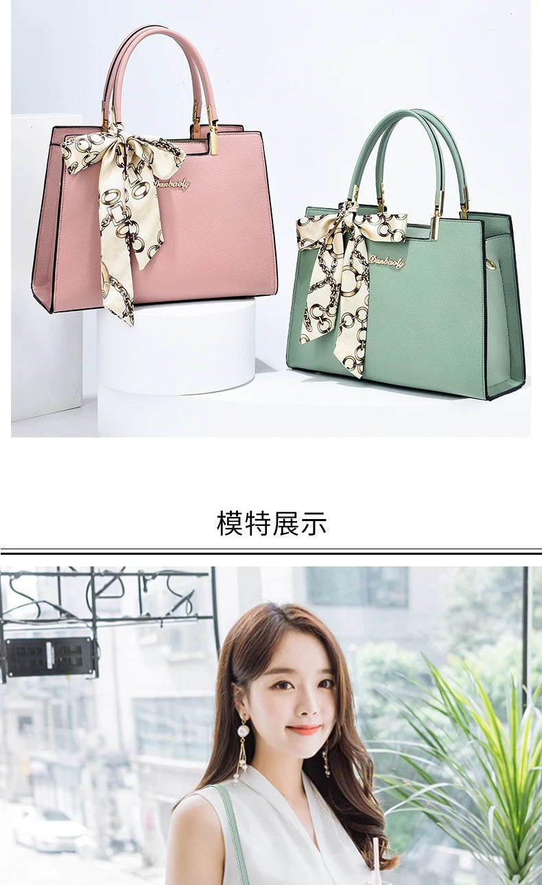 Women's Small Square Shoulder Bag with Silk Scarf Pendant