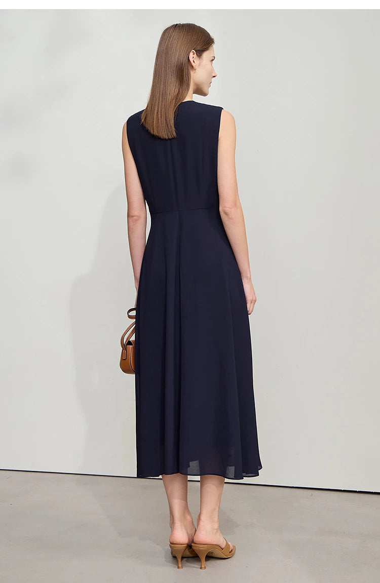 Amii Minimalist Sleeveless O-Neck Slim Midi Dress