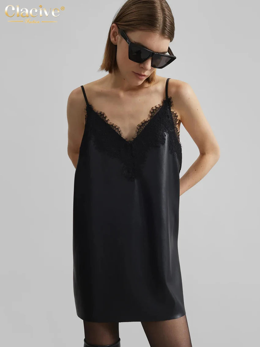 Clacive Black PU Leather Lace Spliced Mini Dress