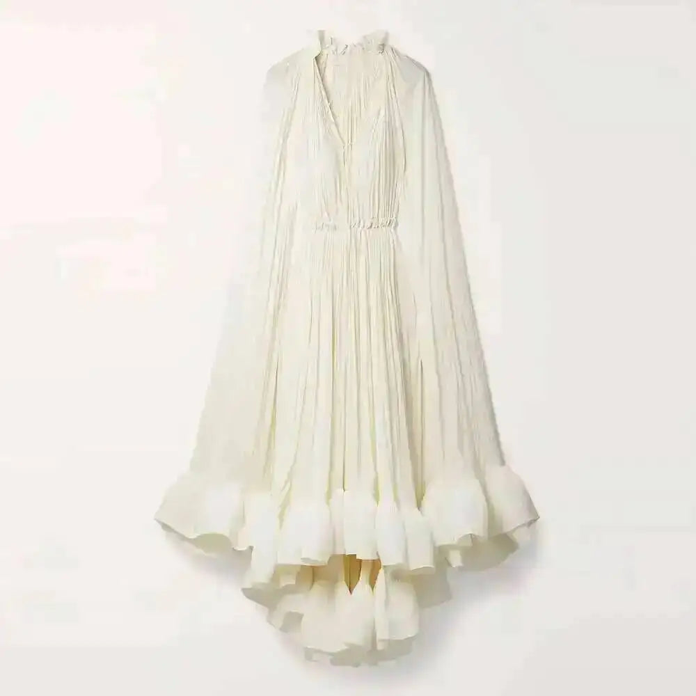 LGRQ Women's Irregular Ruffle Dress with Cloak Sleeves and Lace Splicing