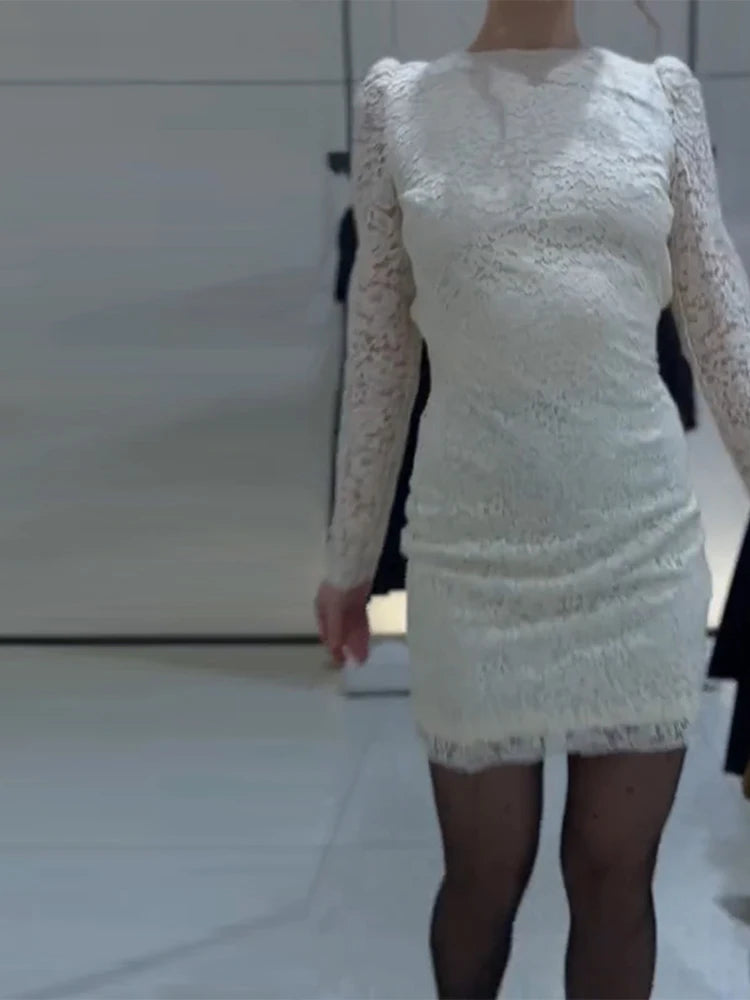 Women Lace Patchwork Short Dress Elegant Backless O-neck Long Sleeve Slim Party Dresses 2025 Autumn Winter New Female Vestidos