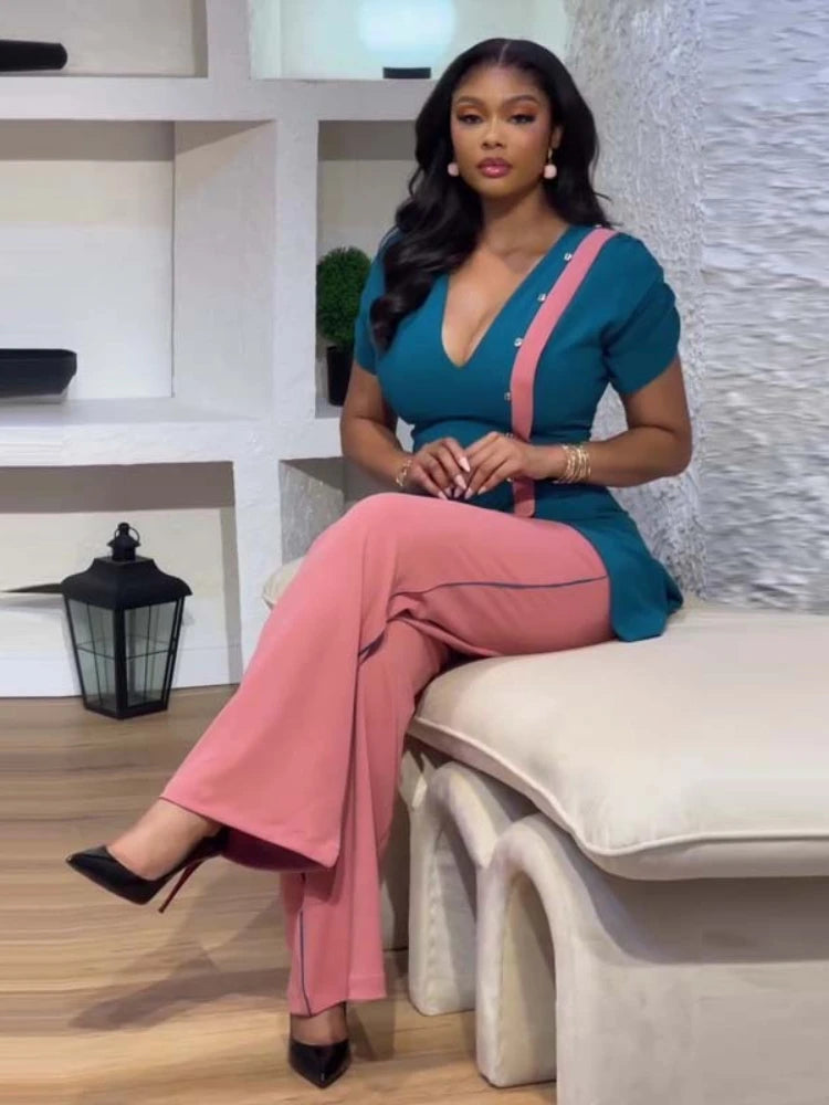 Women's African Style V-Neck Top and Patchwork Wide Leg Pants Set