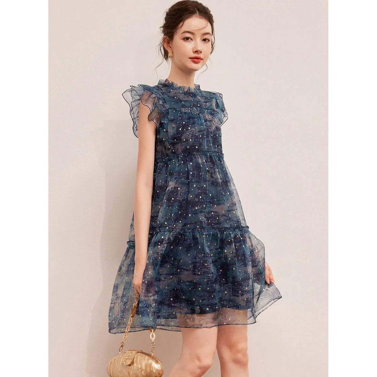 LOUIS YAO Women's Sparkling Mushroom Edge Dress with Flying Sleeves