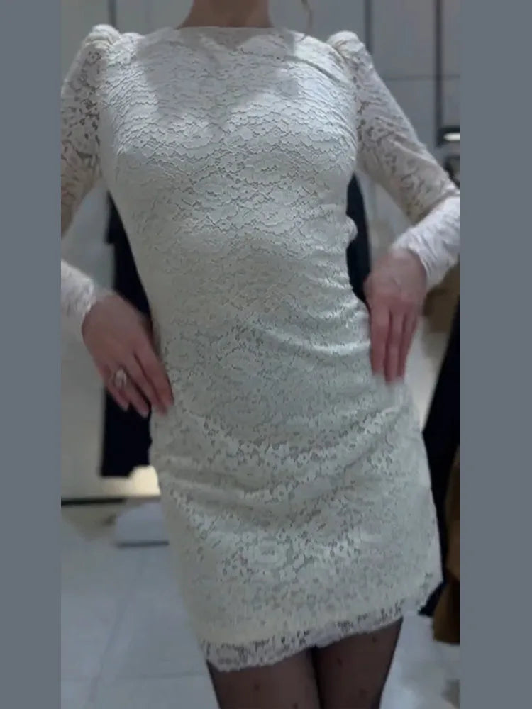 Women Lace Patchwork Short Dress Elegant Backless O-neck Long Sleeve Slim Party Dresses 2025 Autumn Winter New Female Vestidos