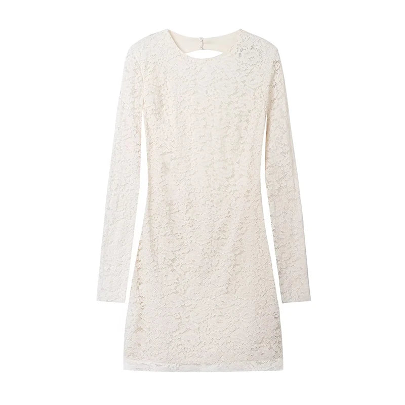 Women Lace Patchwork Short Dress Elegant Backless O-neck Long Sleeve Slim Party Dresses 2025 Autumn Winter New Female Vestidos