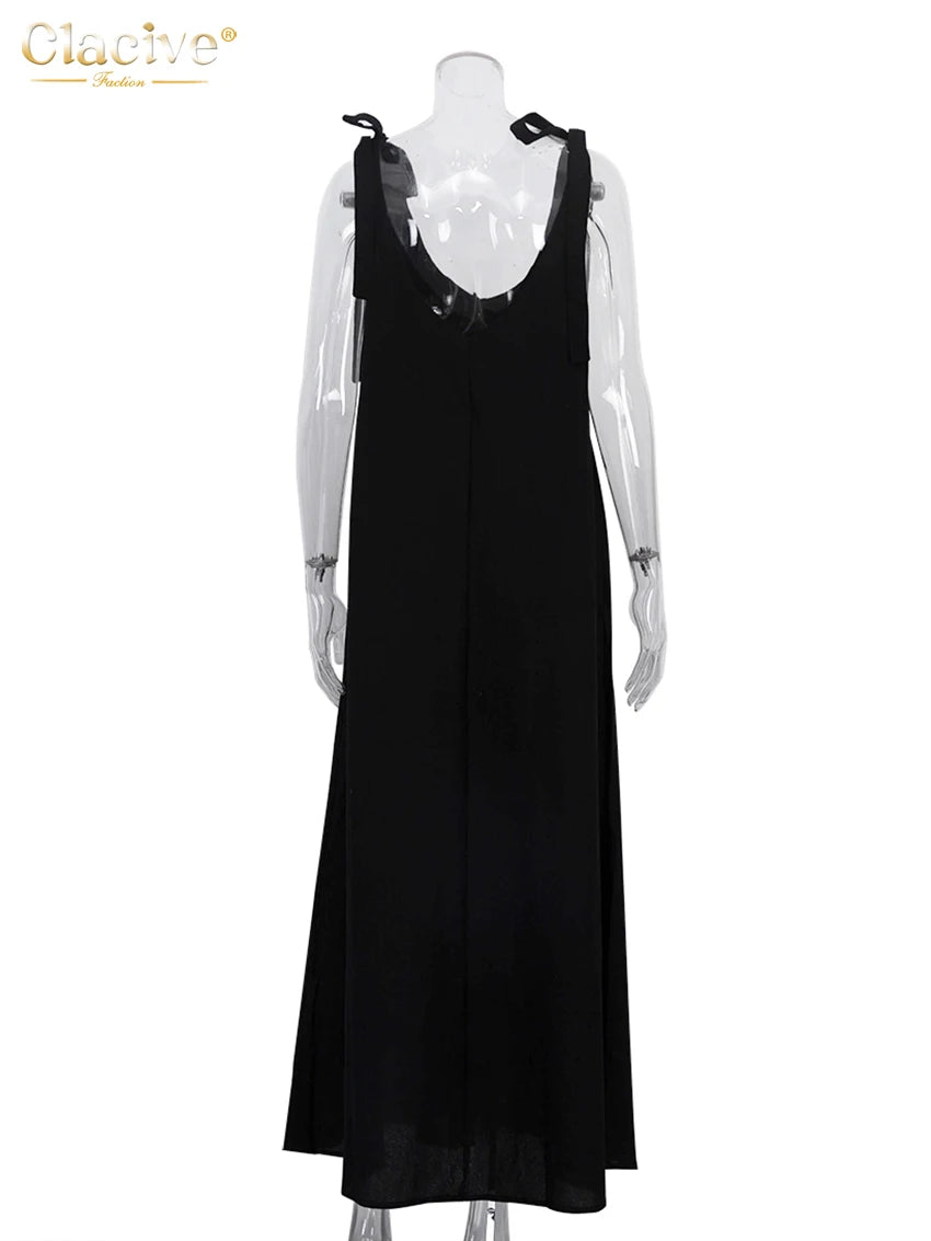 Clacive V-Neck Sleeveless Black Linen Maxi Dress