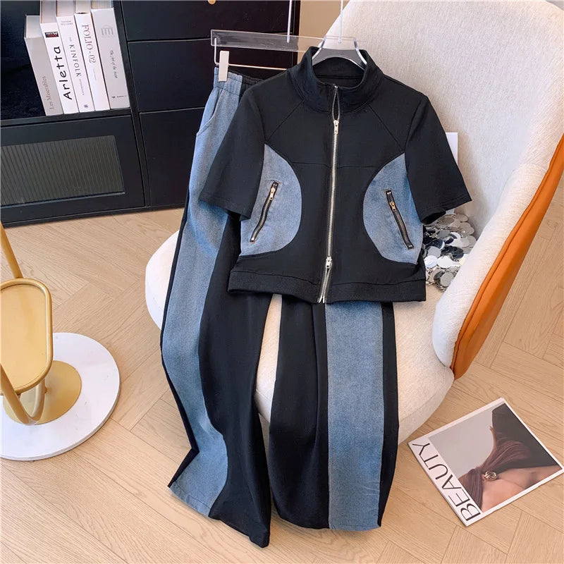 Women's Two-Piece Set: Stitched Zipper T-Shirt and Jeans