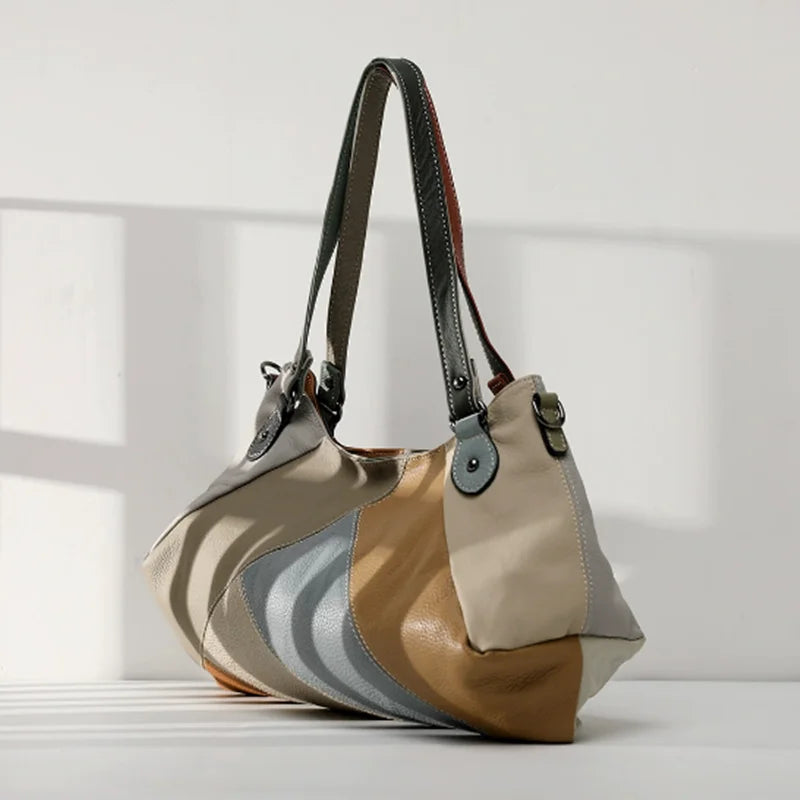 Handcrafted Retro Spliced Cowhide Leather Crossbody and Underarm Bag