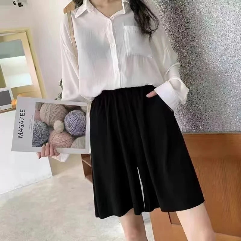 High Waist Ice Silk Sports orts Women's 2024 New Summer Loose Casual Wide Leg Pants Five-Quarter Length Korean Sle