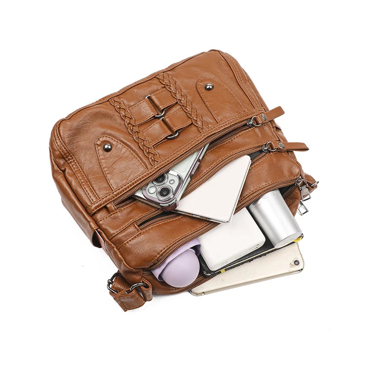 Retro Multi-Pocket Synthetic Leather Crossbody Bag with Adjustable Strap