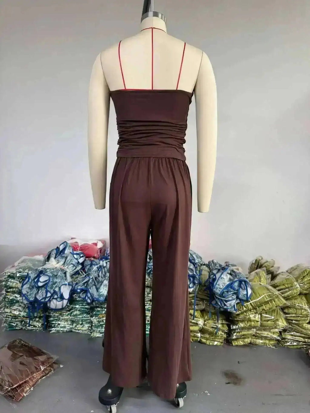 LGRQ Women's 3-Piece Set: Strapless Vest, Long Cardigan and Wide-Leg Pants