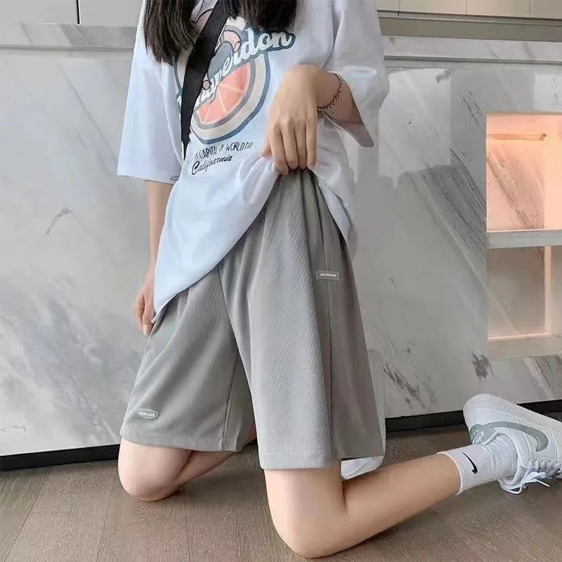 High Waist Ice Silk Sports orts Women's 2024 New Summer Loose Casual Wide Leg Pants Five-Quarter Length Korean Sle