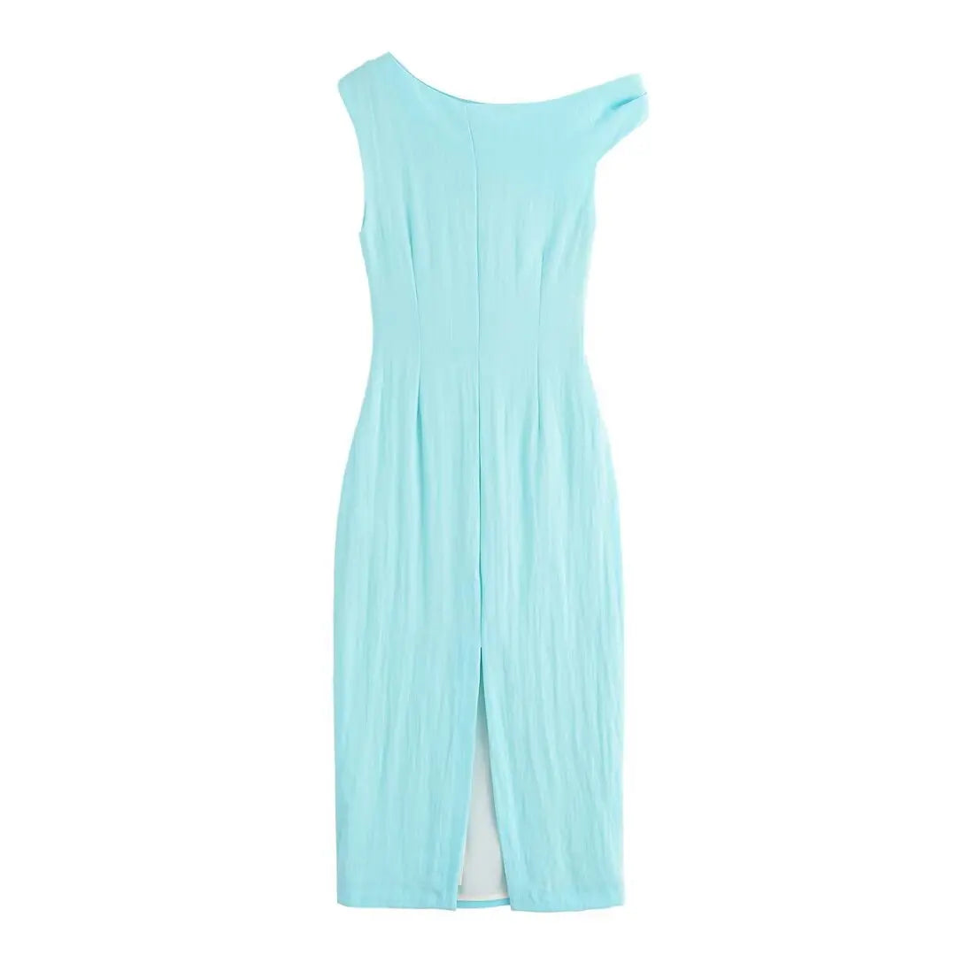 KONDALA Light Blue One-Shoulder Pleated Asymmetric Dress
