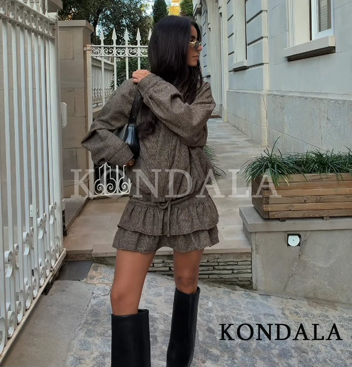 Women's Stand-Collar Jacket & Pleated Skirt Set
