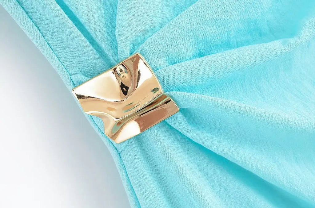 KONDALA Light Blue One-Shoulder Pleated Asymmetric Dress