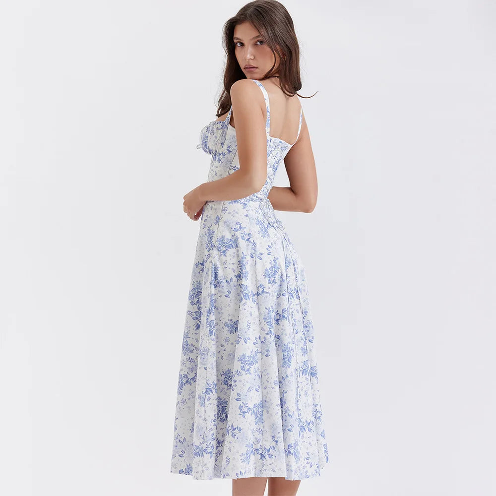 Mingmingxi Floral Midi Dress – Women's Lace-Up Spaghetti Strap
