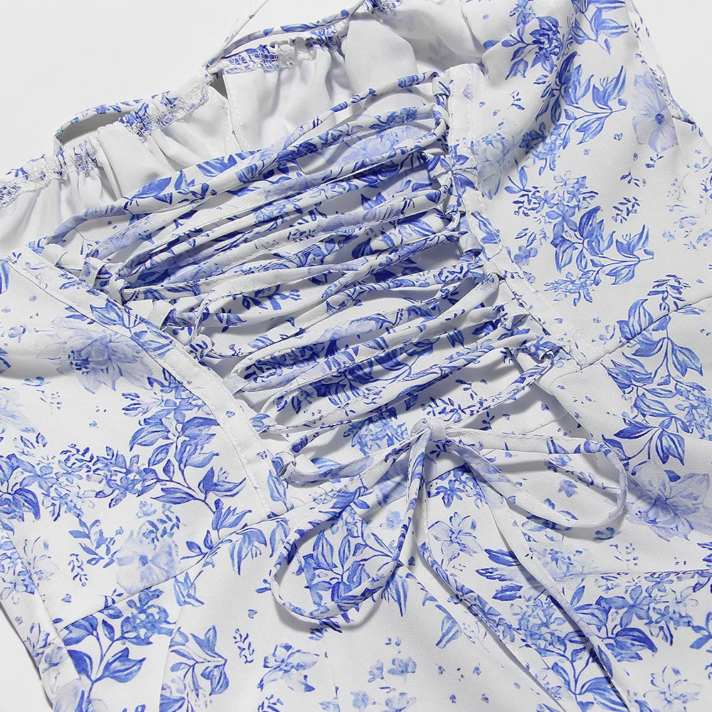 Mingmingxi Floral Midi Dress – Women's Lace-Up Spaghetti Strap