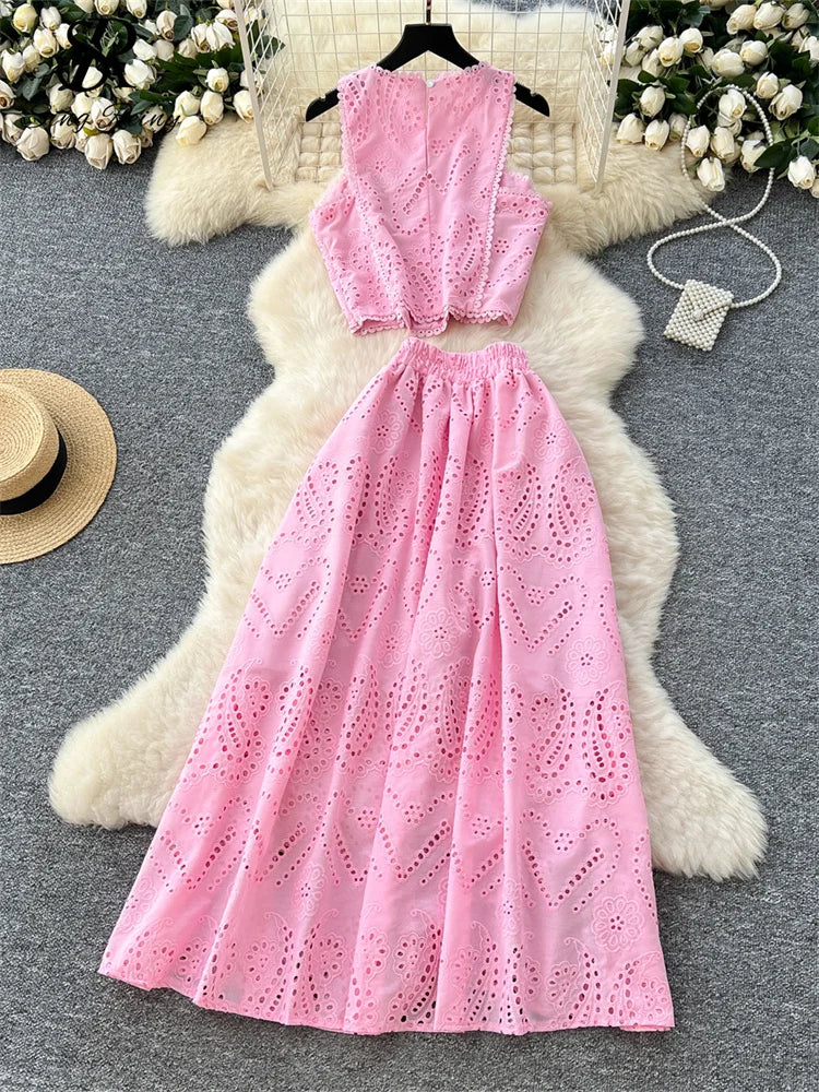 SINGREINY Women's Vintage Hook Flower Hollow Top and Long Skirt Set