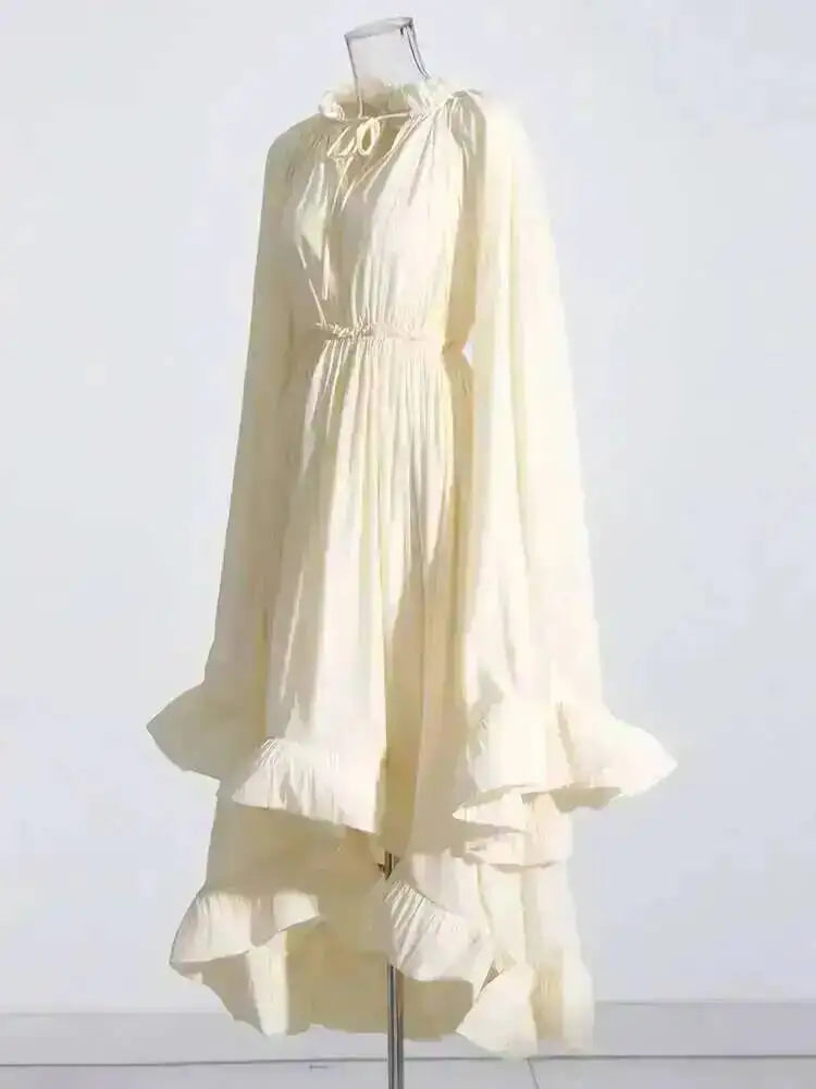 LGRQ Women's Irregular Ruffle Dress with Cloak Sleeves and Lace Splicing