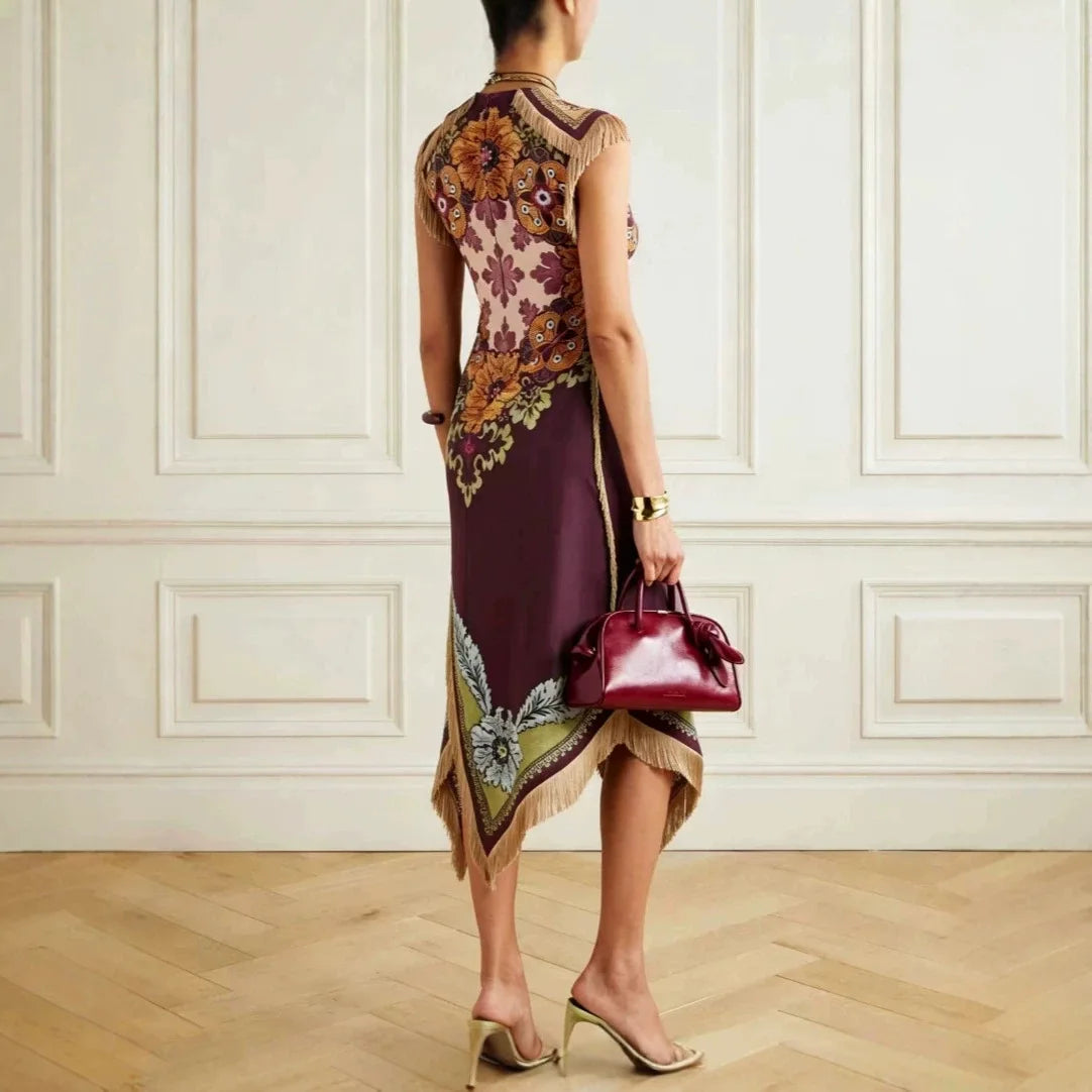 Vintage Bohemian Scarf Print Sleeveless Midi Dress with Fringe Hem