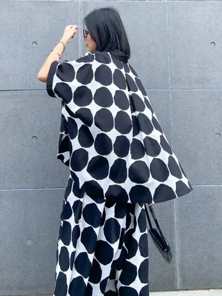 EAM Women's Big Size Dot Shirt and Wide Leg Pants Two-Piece Suit