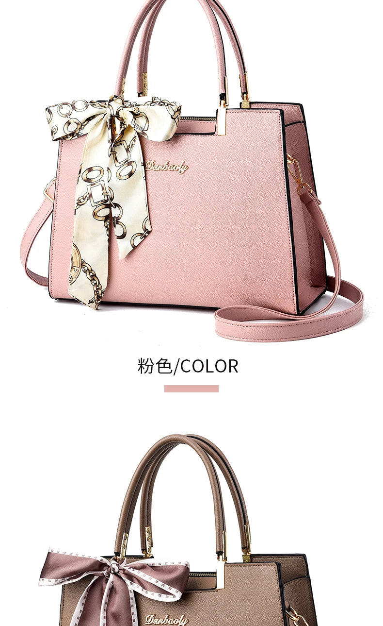 Women's Small Square Shoulder Bag with Silk Scarf Pendant